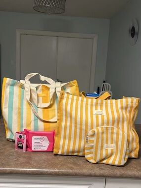 Striped Yellow Cotton Cosmetic Bag Set - Unbranded